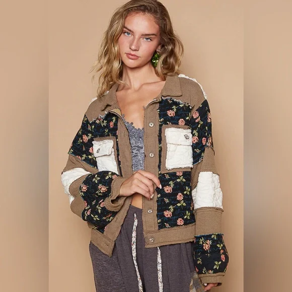 924. Pol Last 2! Jacket Coat thermal Oversized Brown Floral Quilted Jacquard - Picture 4 of 6